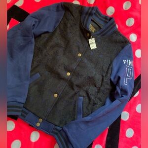 New with tags PINK Victoria's Secret Blue Black Lace Varsity Jacket